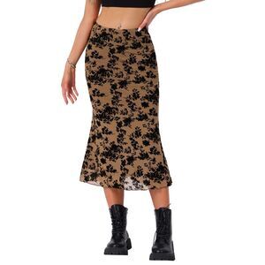 Mesh Floral Elastic High Waist Fishtail Bodycon Midi Skirt Brown